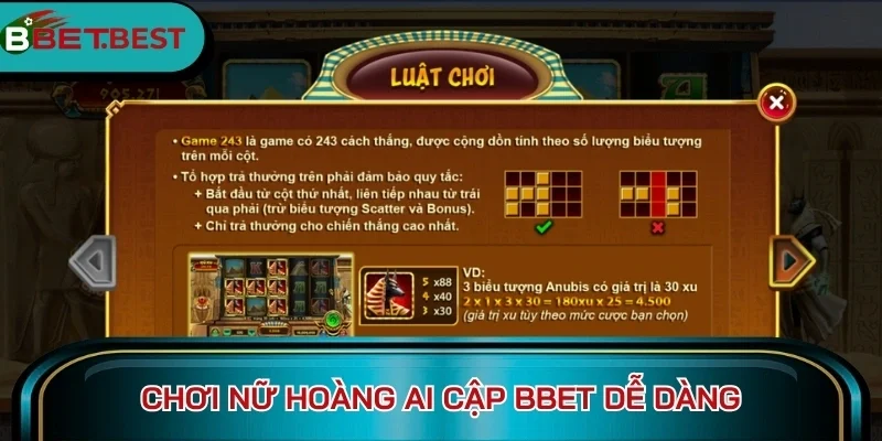 Chơi Nữ Hoàng Ai Cập BBet dễ dàng